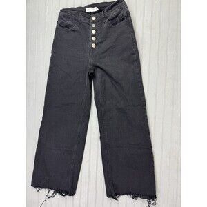 TNR Size 26 Womens Jeans Mid Rise Black Button Flt Crop Raw Hem Wide Leg